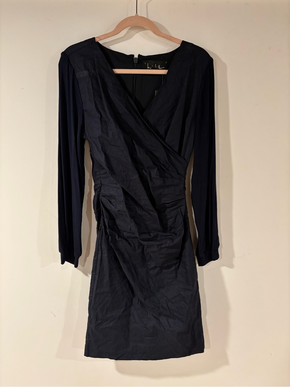 Nicole Miller NWT Navy Wrap-Front Long Sleeve Dress